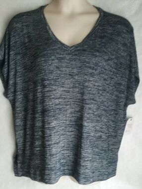 Time and Tru Women's Heathered V-Neck Short Sleeve Top - Charcoal Gray XXL